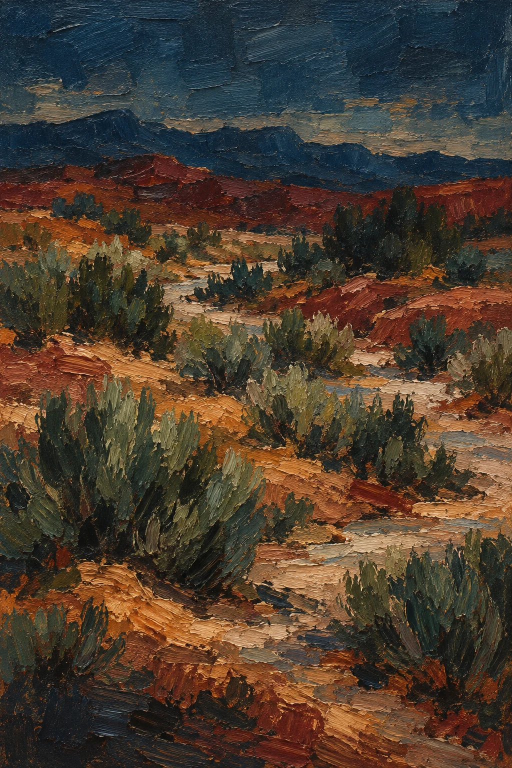 A desert wash with sagebrush in black, brown, navy, taupe; portrait artwork.