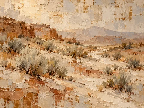 A desert wash with sagebrush in sand, stone, ochre, blush; landscape artwork.
