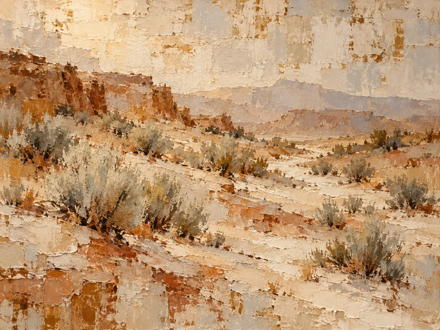 A desert wash with sagebrush in sand, stone, ochre, blush; landscape artwork.