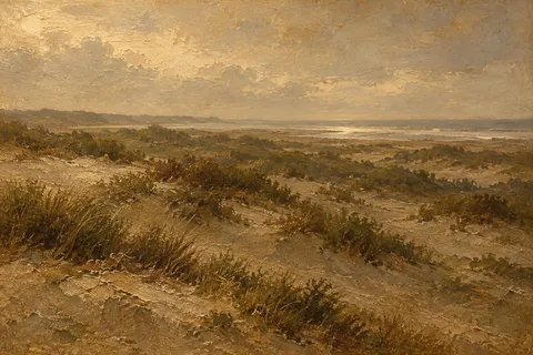 A dune field with sparse grass in sand, brown, olive, taupe; landscape artwork.