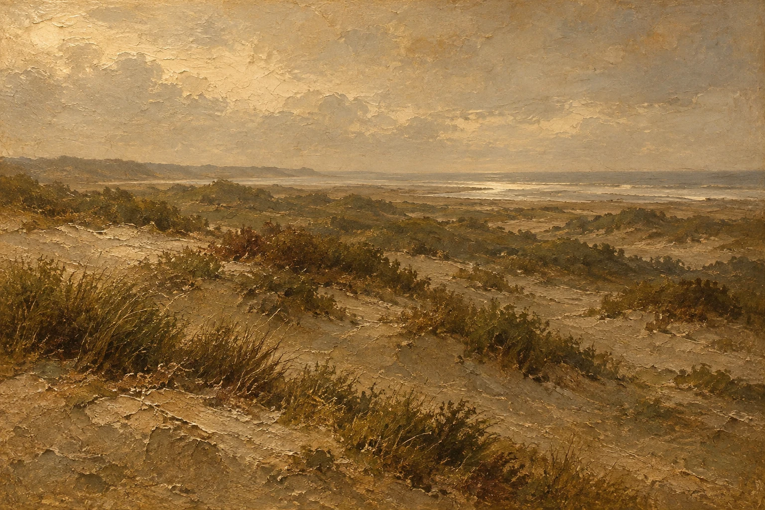 A dune field with sparse grass in sand, brown, olive, taupe; landscape artwork.