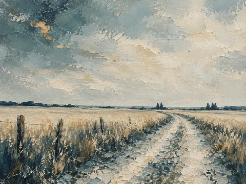 A wheat field with a gravel road in stone, gray, cream, charcoal; landscape artwork.