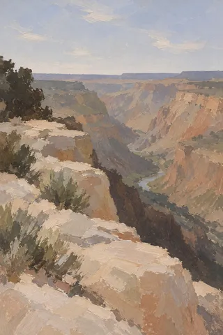 A canyon rim with a sliver of river far below in taupe, stone, sand, gray; portrait artwork.