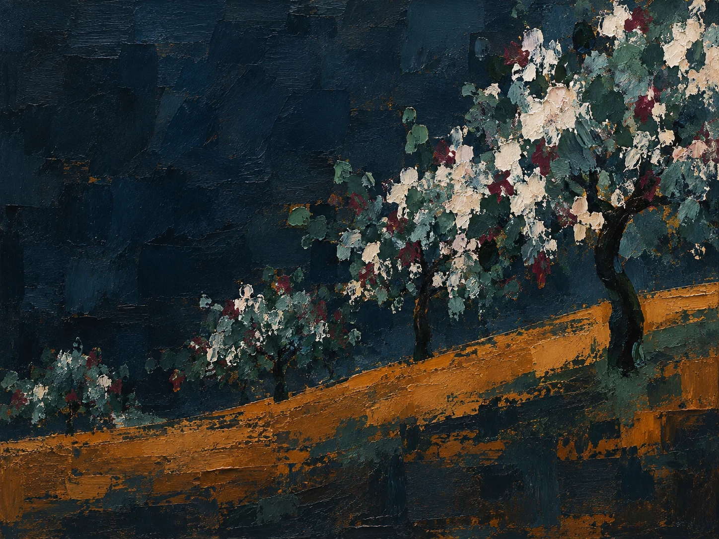 An orchard in blossom on a slope in black, navy, brown, taupe; landscape artwork.