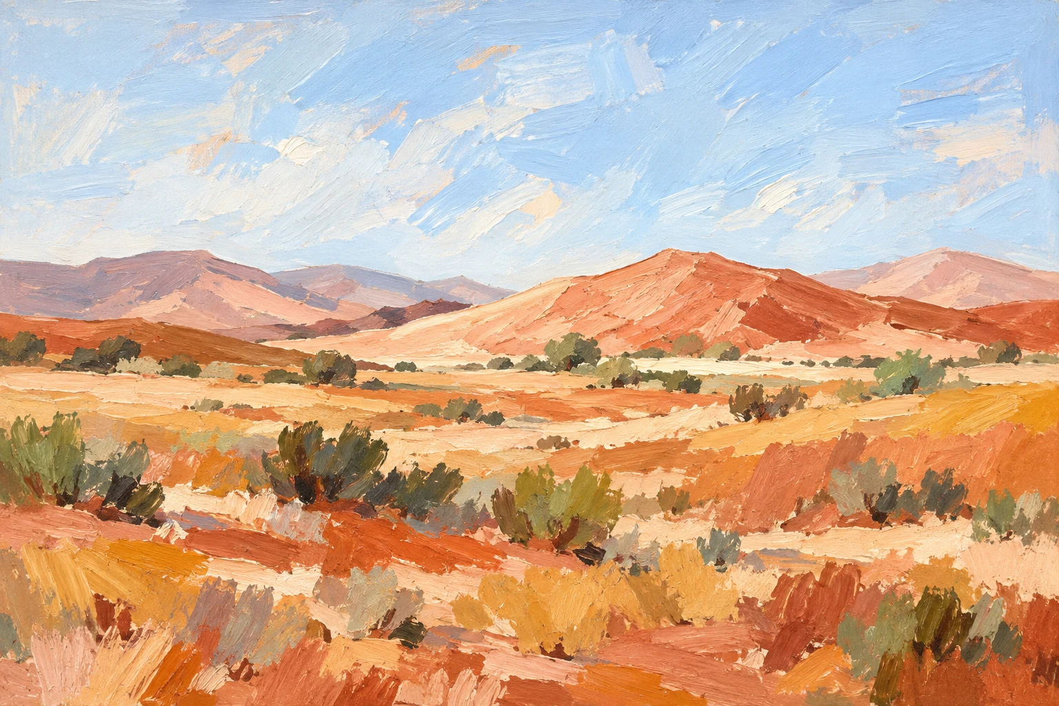 Scrubland with distant hills in cream, blush, ochre, sky blue; landscape artwork.