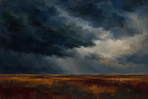 A prairie under a towering cloud bank in black, charcoal, navy, gray; landscape artwork.