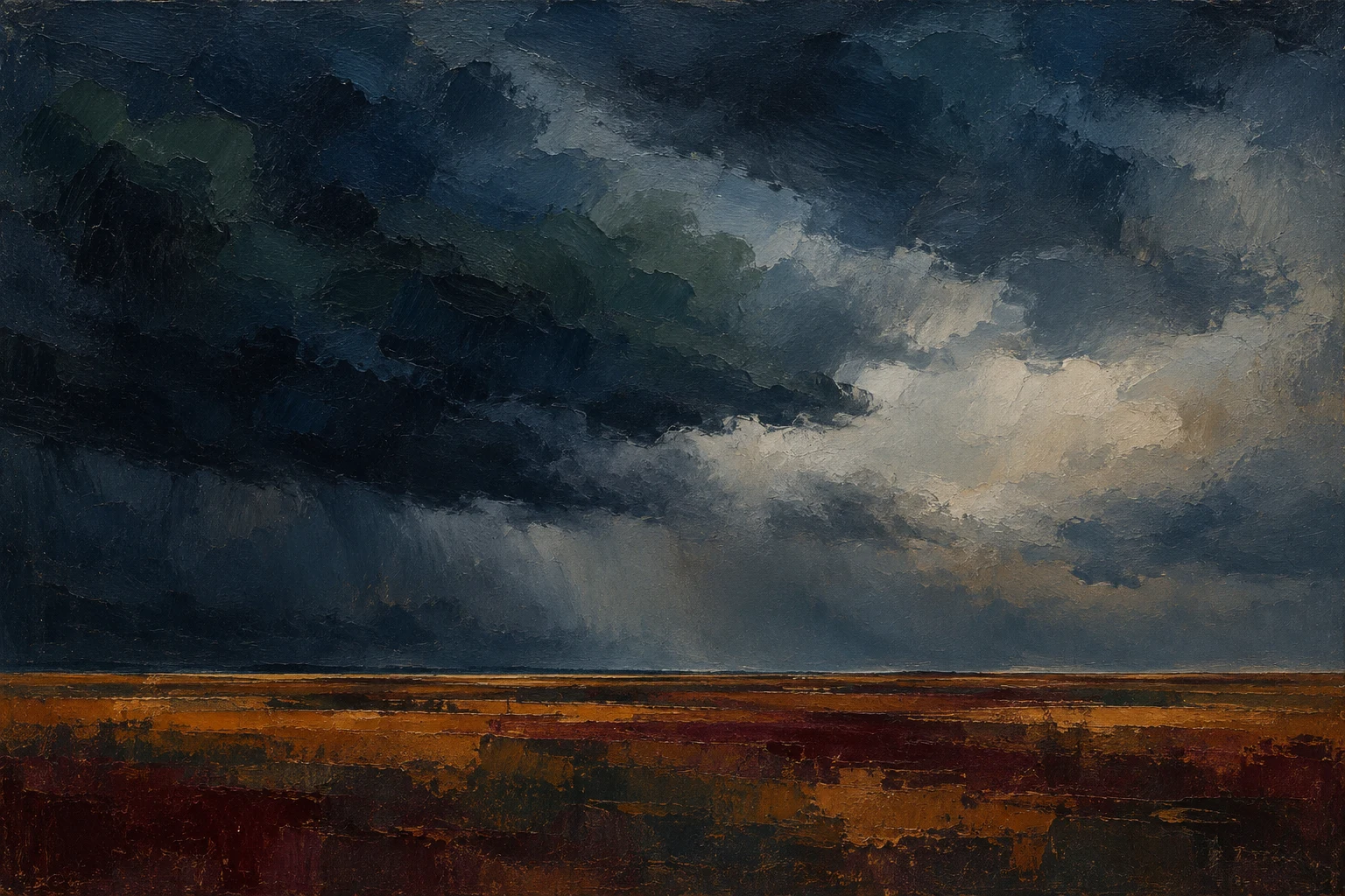 A prairie under a towering cloud bank in black, charcoal, navy, gray; landscape artwork.