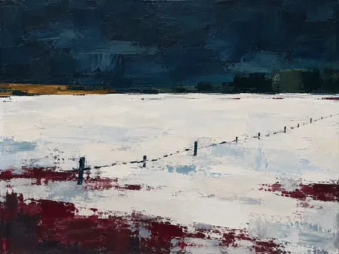 A snowfield with one dark fence line in black, cream, stone, gray; landscape artwork.