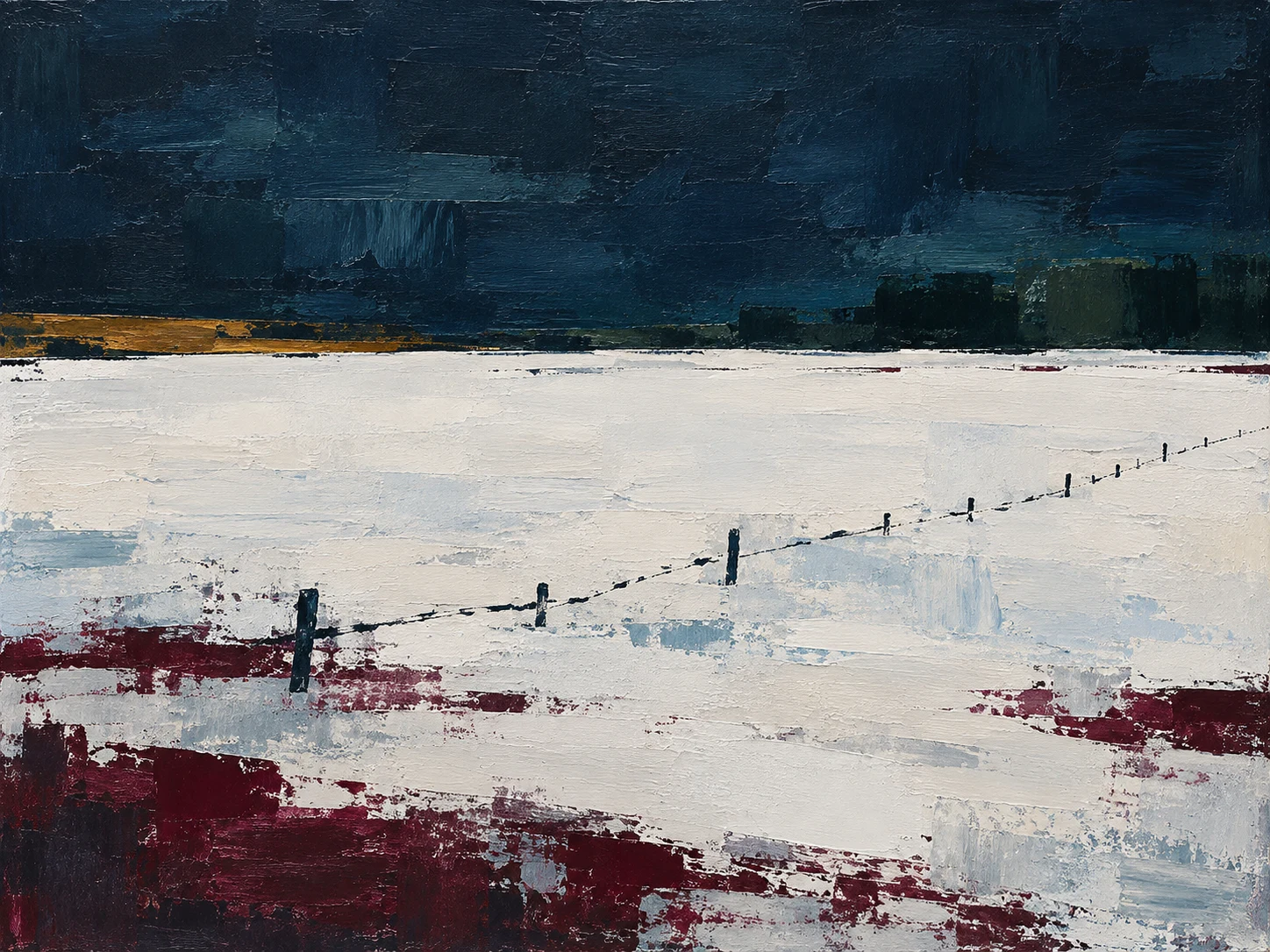 A snowfield with one dark fence line in black, cream, stone, gray; landscape artwork.