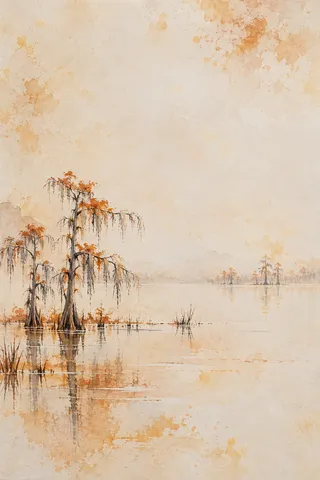 A cypress swamp in still water in cream, stone, sand; portrait artwork.