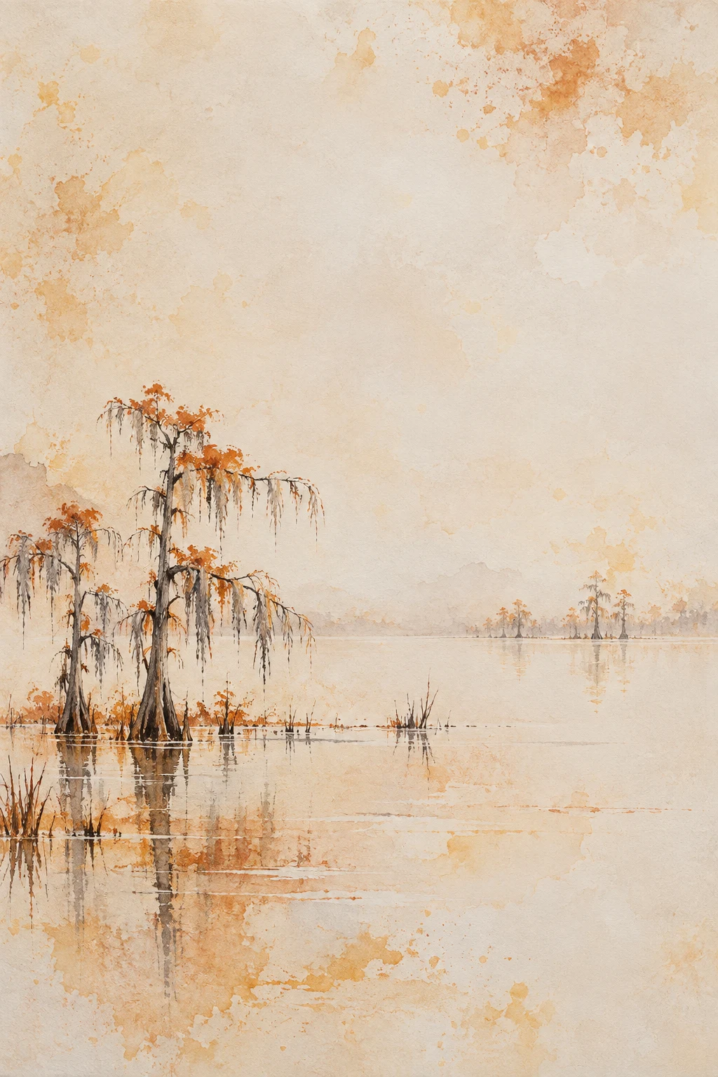 A cypress swamp in still water in cream, stone, sand; portrait artwork.