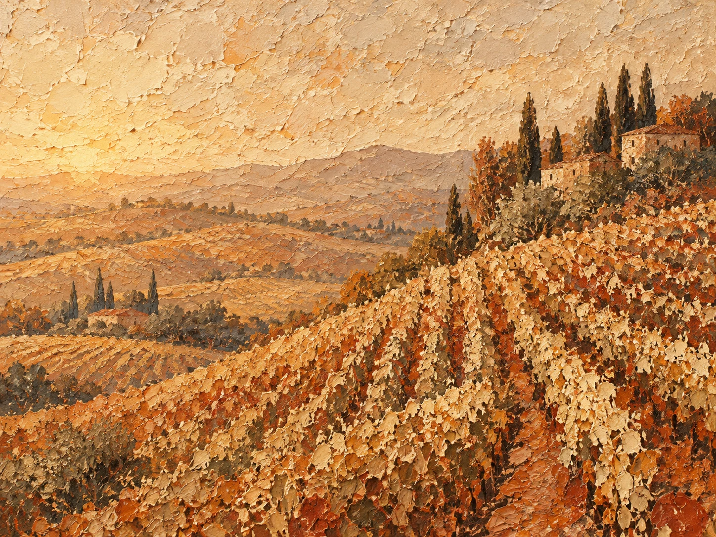 Rolling vineyard rows in late light in ochre, terracotta, sand, brown; landscape artwork.