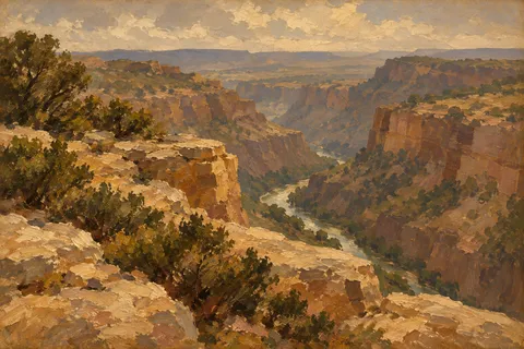 A canyon rim with a sliver of river far below in ochre, brown, olive, taupe; landscape artwork.