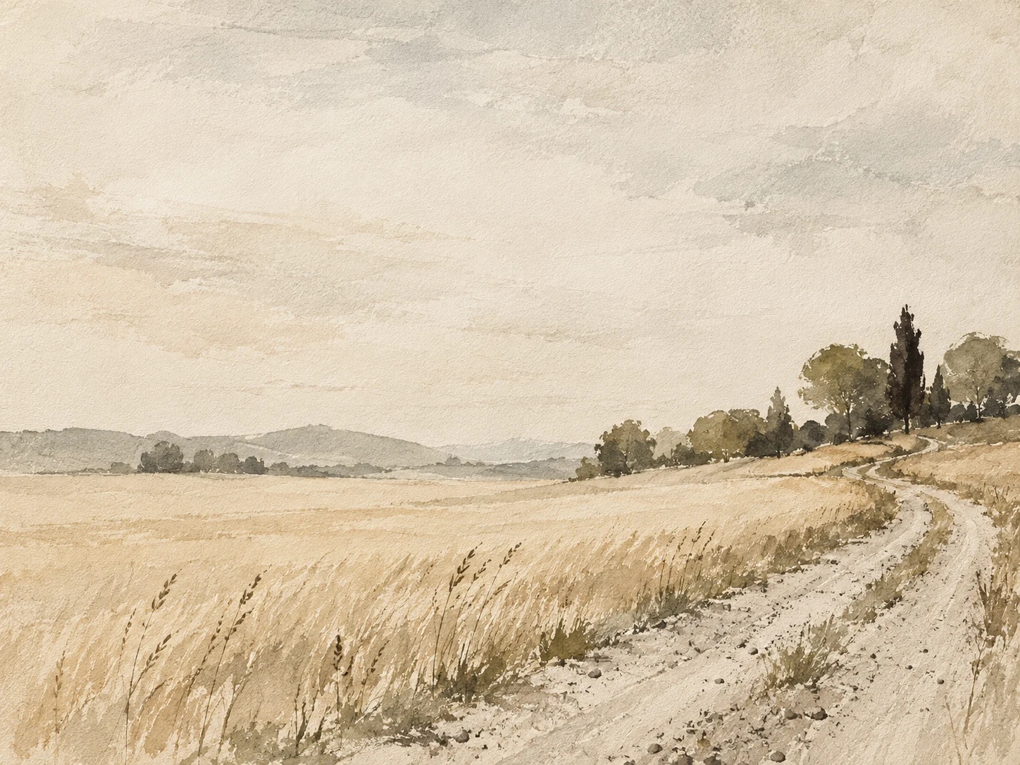 A wheat field with a gravel road in cream, sand, stone, taupe; landscape artwork.