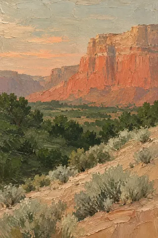 A red-rock mesa at dusk in taupe, sand, ochre, charcoal; portrait artwork.