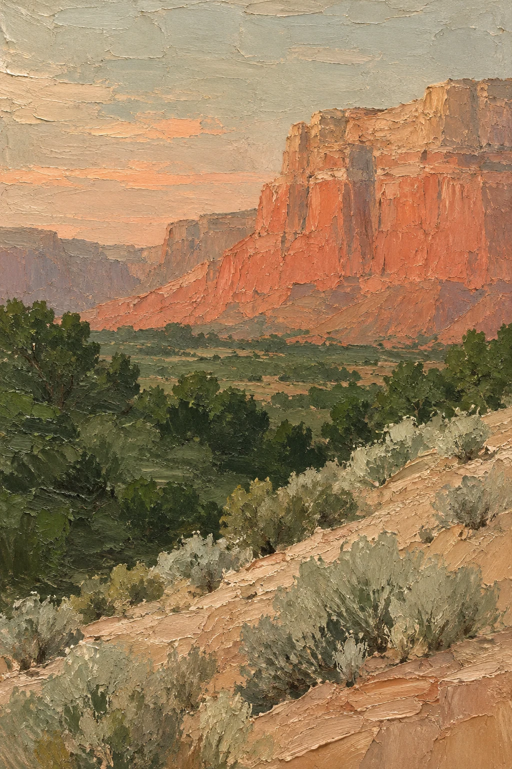 A red-rock mesa at dusk in taupe, sand, ochre, charcoal; portrait artwork.