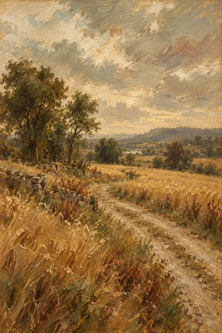 A wheat field with a gravel road in brown, sand, terracotta, stone; portrait artwork.