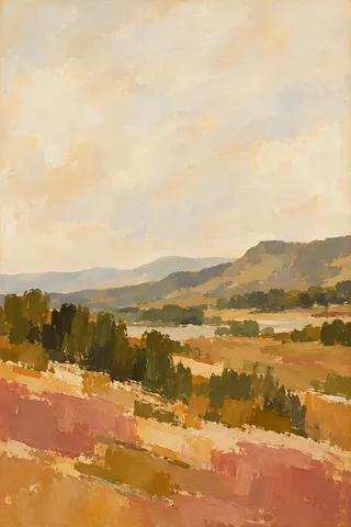 Scrubland with distant hills in cream, ochre, brown, sand; portrait artwork.