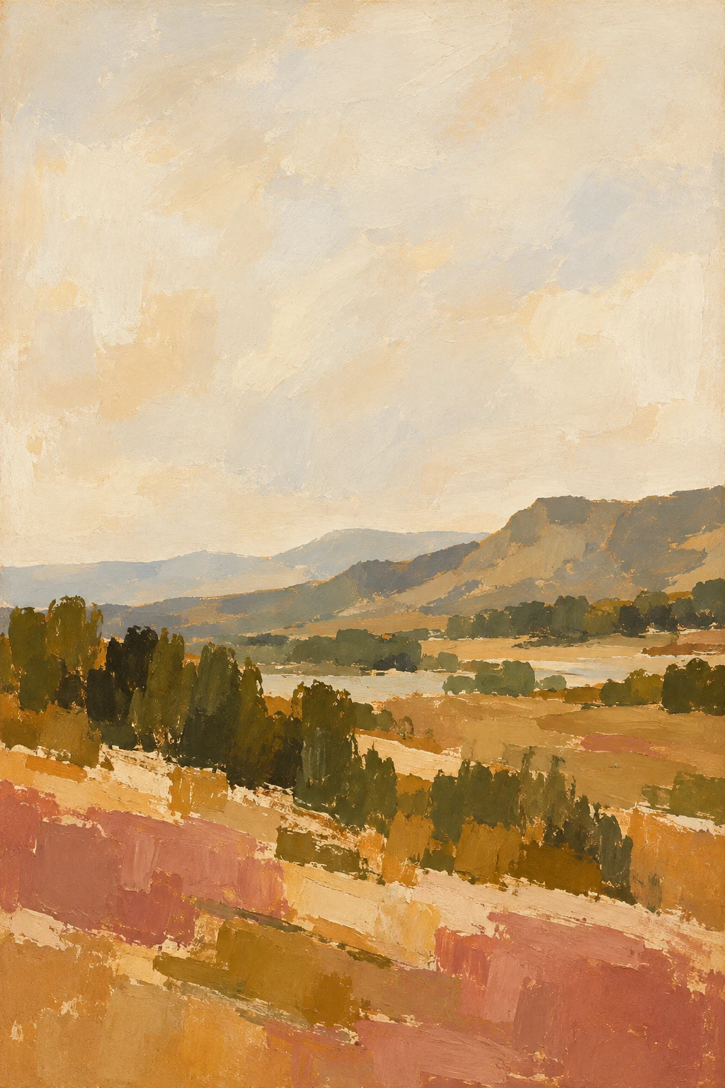 Scrubland with distant hills in cream, ochre, brown, sand; portrait artwork.