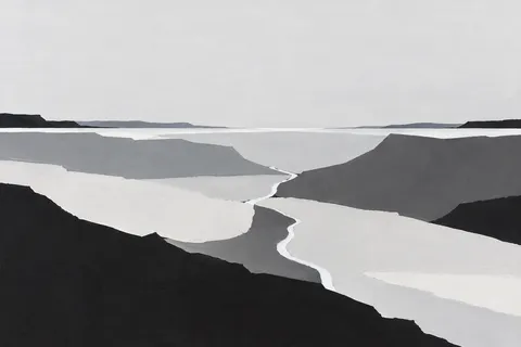 A valley floor with a thin silver stream in cream, black, gray, stone; landscape artwork.