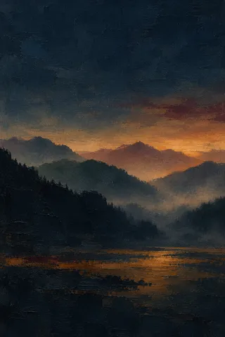 Layered mountain silhouettes at dawn in black, charcoal, olive; portrait artwork.