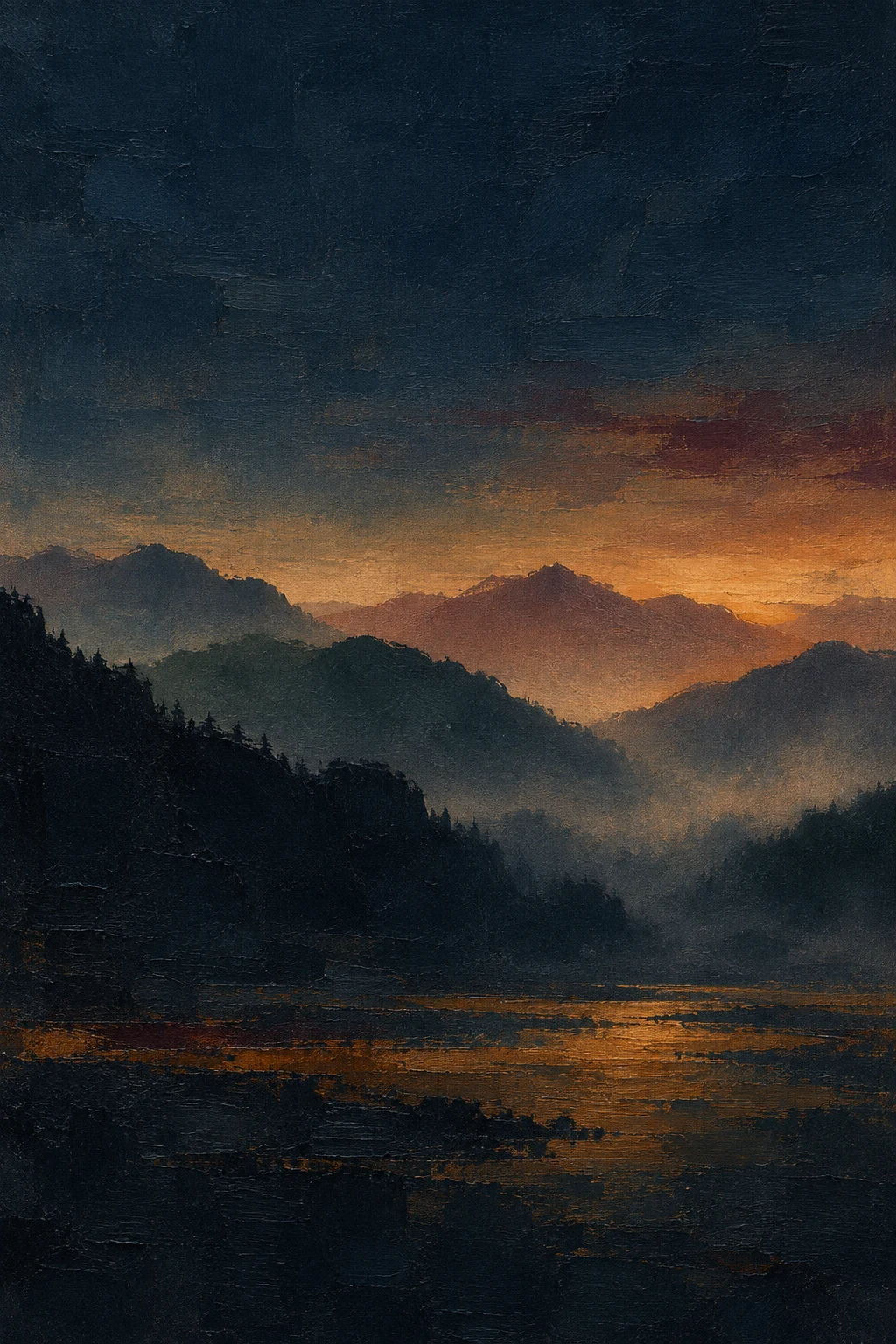 Layered mountain silhouettes at dawn in black, charcoal, olive; portrait artwork.