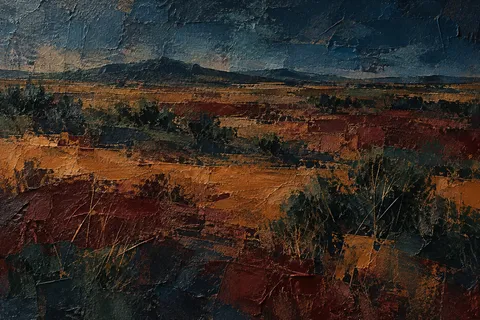 Scrubland with distant hills in black, burgundy, forest green, brown; landscape artwork.