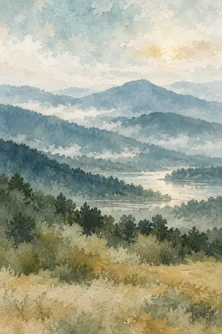 Blue-ridge mountains in receding layers in cream, stone, sage, gray; portrait artwork.