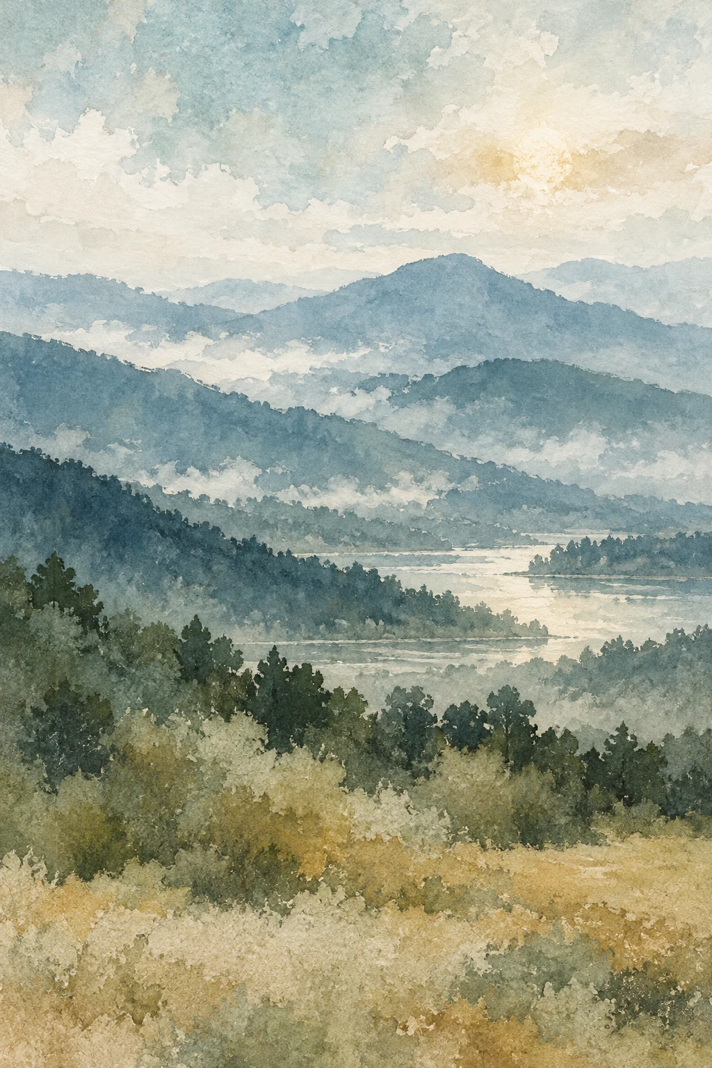 Blue-ridge mountains in receding layers in cream, stone, sage, gray; portrait artwork.