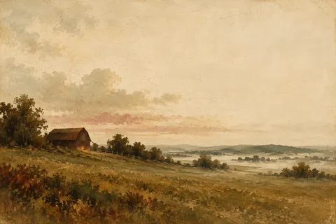 A lone barn on a Midwest horizon in cream, brown, sand, stone; landscape artwork.