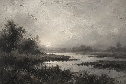 A marsh at first light in stone, charcoal, gray, black; landscape artwork.