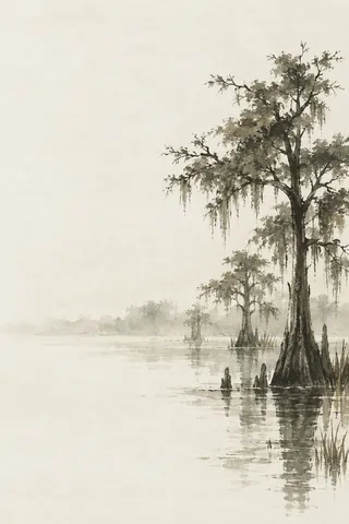 A cypress swamp in still water in cream, white, olive, sand; portrait artwork.