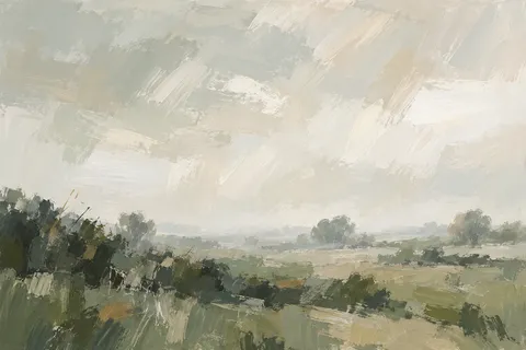 A hedgerow line in mist in cream, stone, taupe, brown; landscape artwork.