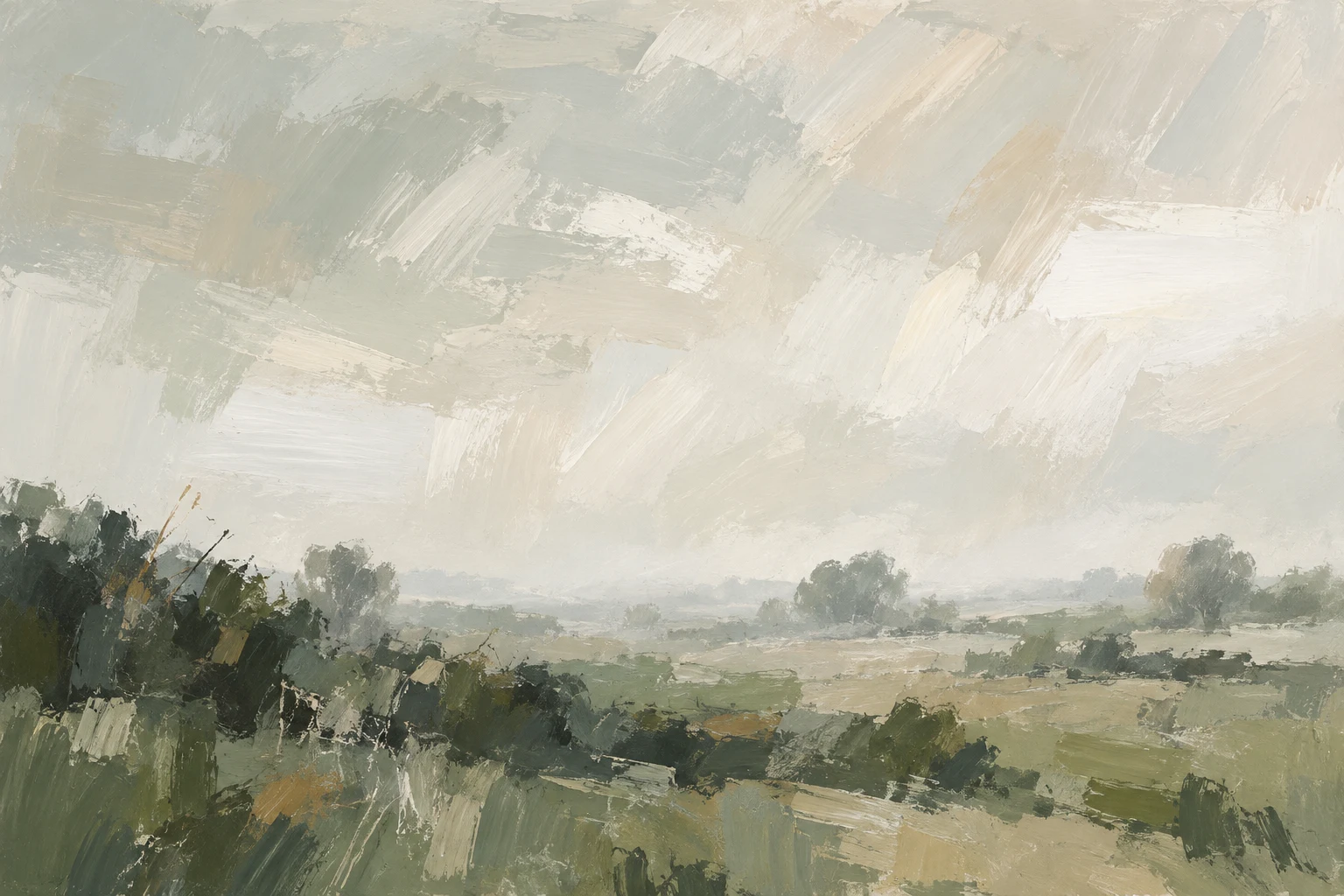 A hedgerow line in mist in cream, stone, taupe, brown; landscape artwork.