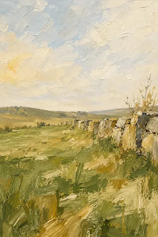 A New England stone wall crossing a field in cream, sand, taupe, ochre; portrait artwork.