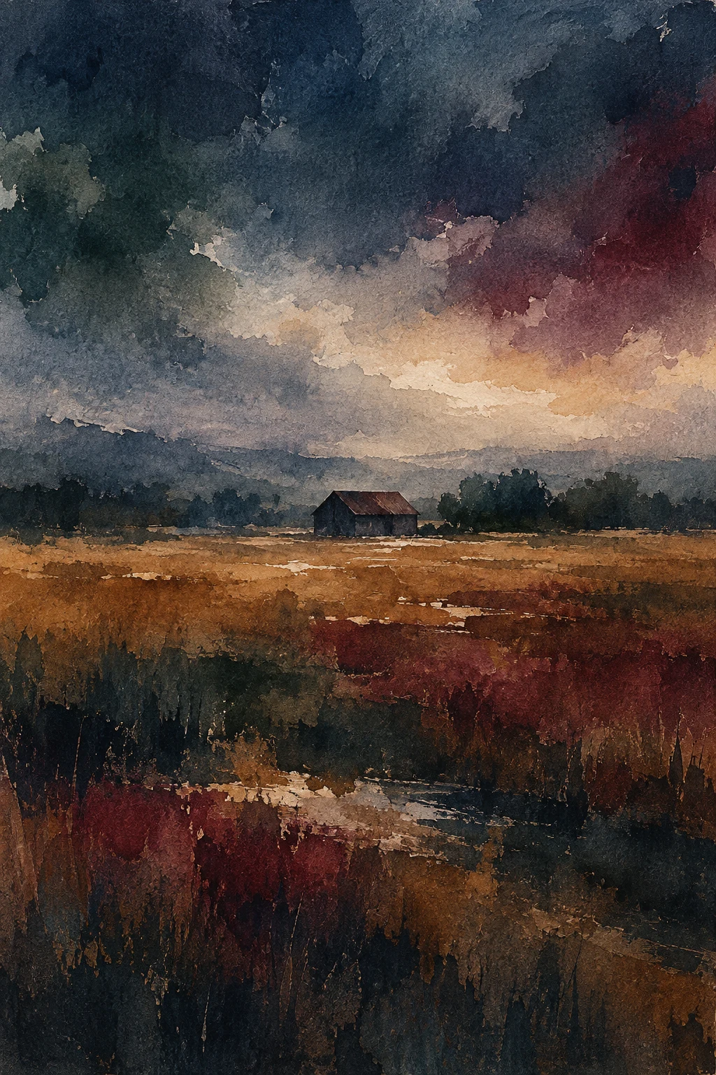 A lone barn far away in a wide field in black, navy, olive, burgundy; portrait artwork.