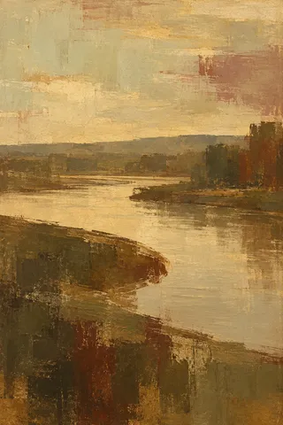 A bend in a slow southern river in sand, brown, burgundy, ochre; portrait artwork.