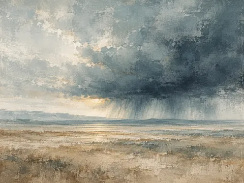 A high plains thunderstorm on the horizon in stone, gray, sage, charcoal; landscape artwork.