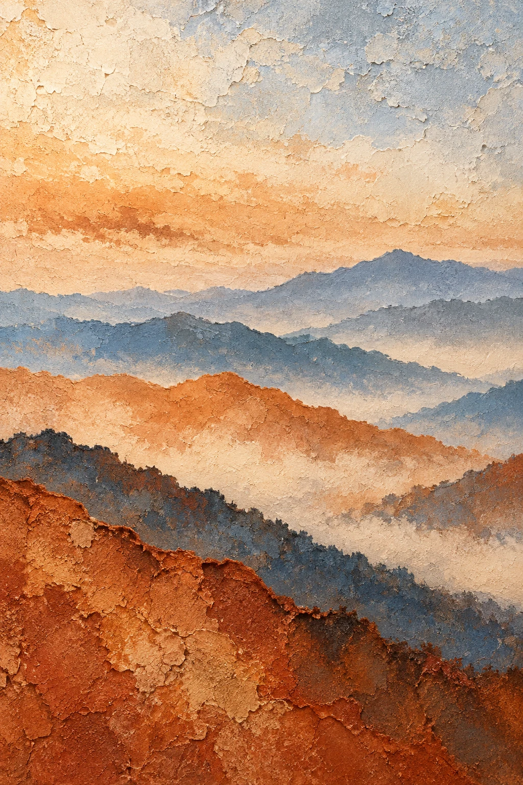 Blue-ridge mountains in receding layers in stone, rust, blush, brown; portrait artwork.