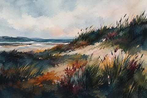 Dunes with beach grass under a pale sky in stone, black, brown, cream; landscape artwork.