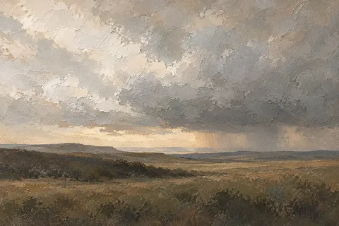 A high plains thunderstorm on the horizon in gray, charcoal, stone, cream; landscape artwork.