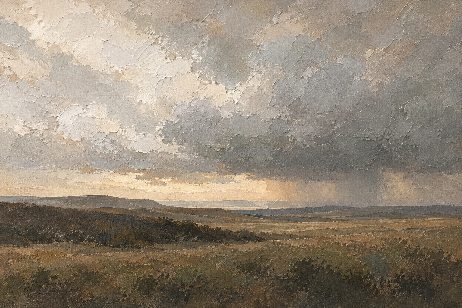 A high plains thunderstorm on the horizon in gray, charcoal, stone, cream; landscape artwork.