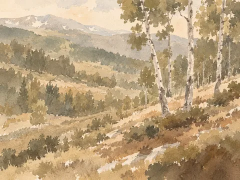 Aspen trunks on a Colorado hillside in sand, stone, taupe, sage; landscape artwork.