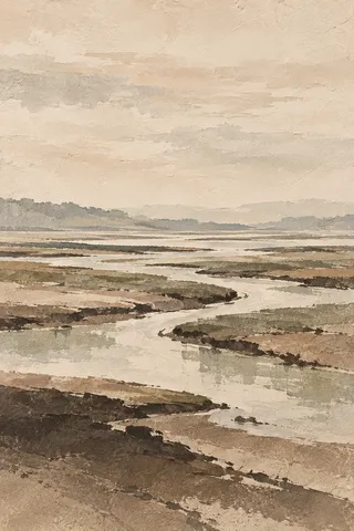 A salt marsh at low tide with winding channels in cream, taupe, sand, sage; portrait artwork.