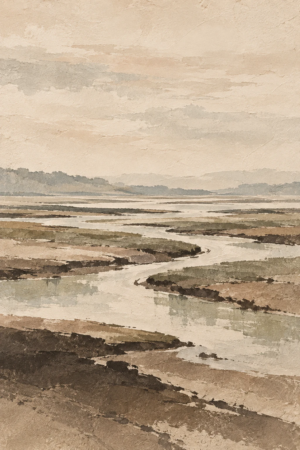 A salt marsh at low tide with winding channels in cream, taupe, sand, sage; portrait artwork.