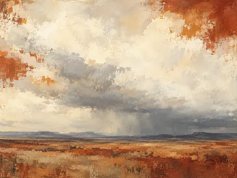 A high plains thunderstorm on the horizon in cream, terracotta, stone, taupe; landscape artwork.