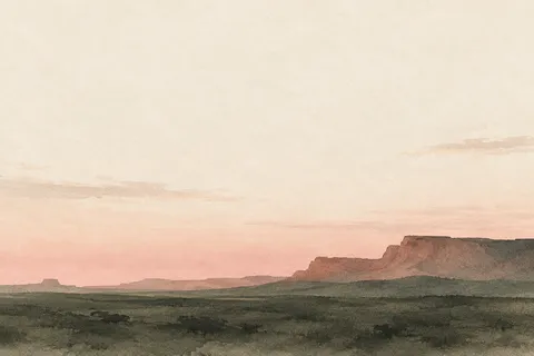 A red-rock mesa at dusk in cream, charcoal, olive; landscape artwork.
