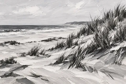 Dunes with beach grass under a pale sky in cream, gray, stone, charcoal; landscape artwork.