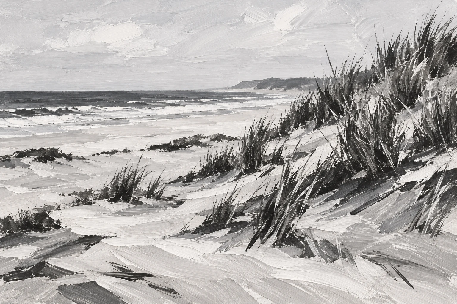 Dunes with beach grass under a pale sky in cream, gray, stone, charcoal; landscape artwork.