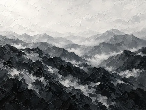 Blue-ridge mountains in receding layers in black, charcoal, cream, white; landscape artwork.